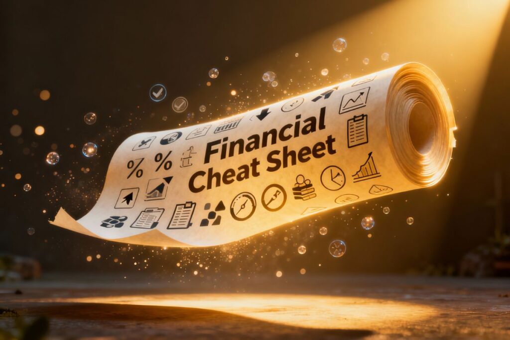 Rolled-up scroll titled “Financial Cheat Sheet” with graphs, percentages, and currency symbols—offering quick reference with financial terms explained for beginners.