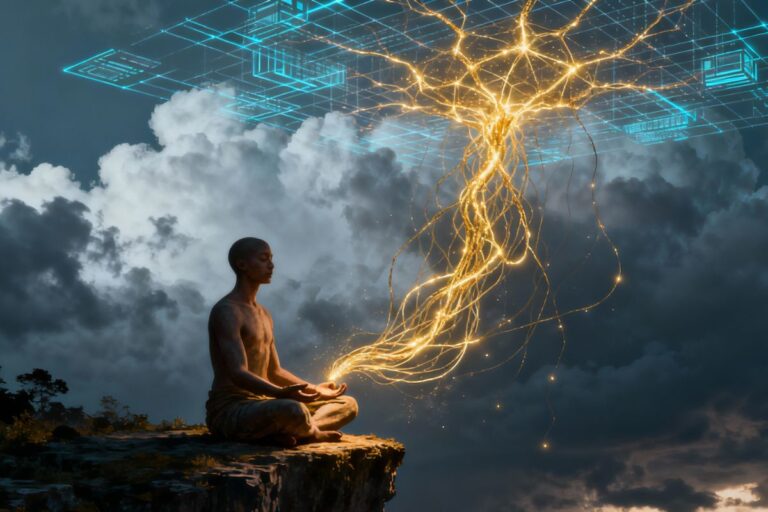 Person meditating on a cliff with golden neural patterns—visualizing digital detox as a fusion of nature, spirituality, and tech awareness.