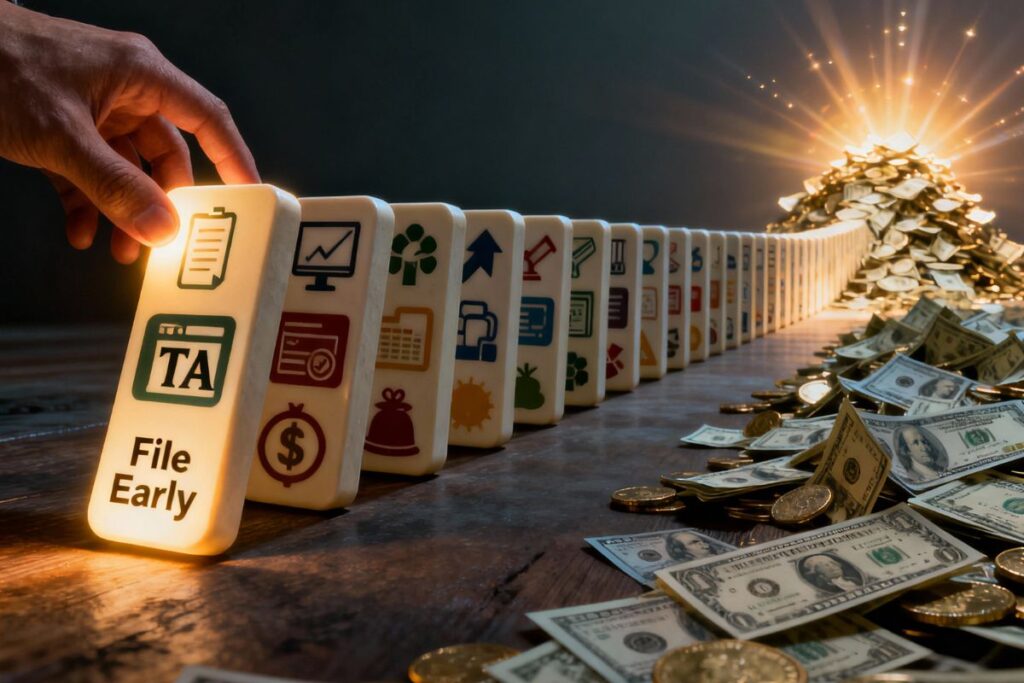 Toppling dominoes with financial logos and scattered money, illustrating how early tax filing prevents costly chain reactions in your financial life."