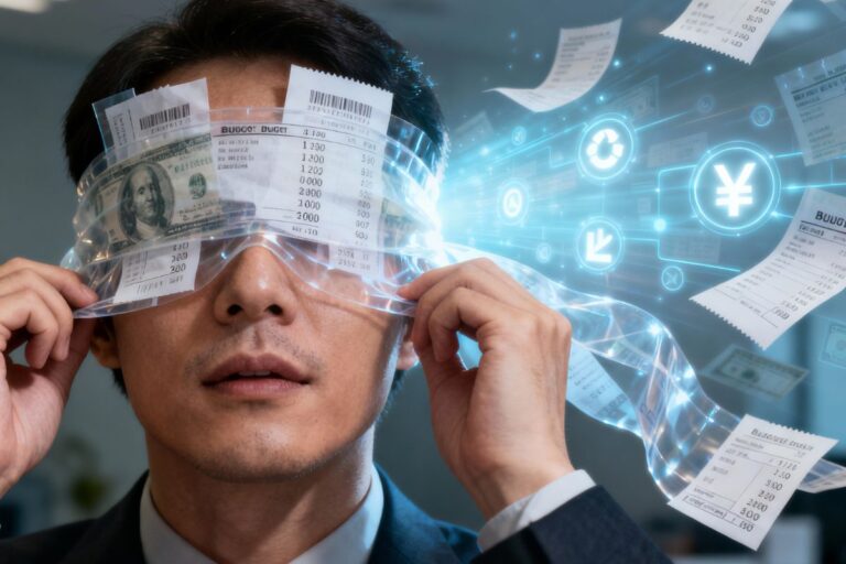 "Person holding financial documents in front of their eyes, surrounded by digital streams—capturing the chaos before clarity in a money mindset shift."