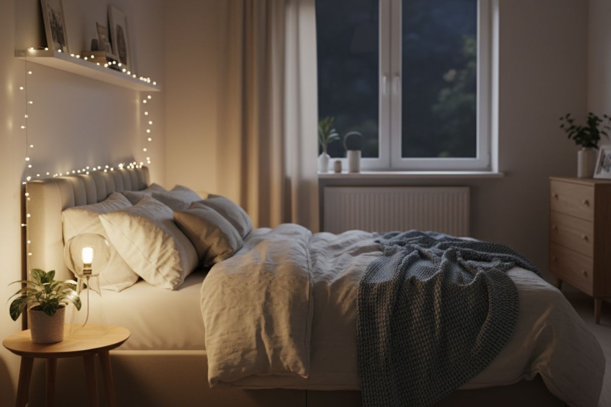 A tidy bedroom with soft lighting and a nighttime window view—highlighting a peaceful sleep setting that promotes optimal sleep hygiene and restful habits.