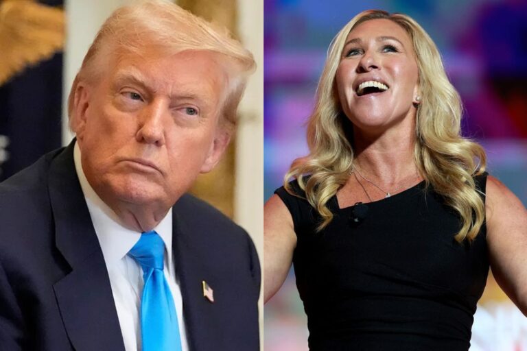 A split image showing Donald Trump on one side and the woman smiling with raised arms on a brightly lit stage—visually representing political alignment and public reaction in the context of Marjorie Taylor Greene resignation.
