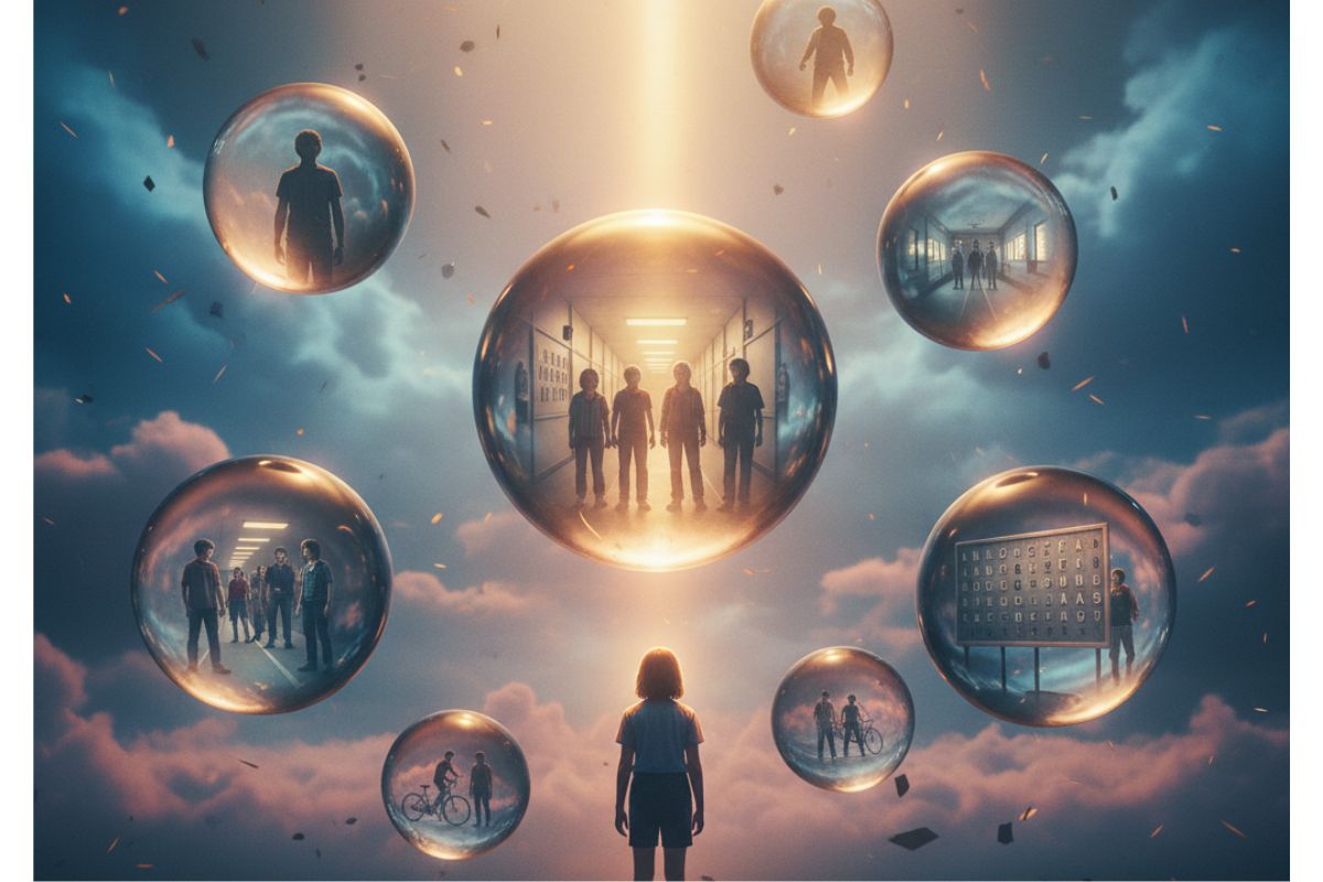 Stranger Things Season 5 Netflix surreal scene of a person surrounded by reflective spheres containing silhouettes, hinting at alternate dimensions and emotional introspection.
