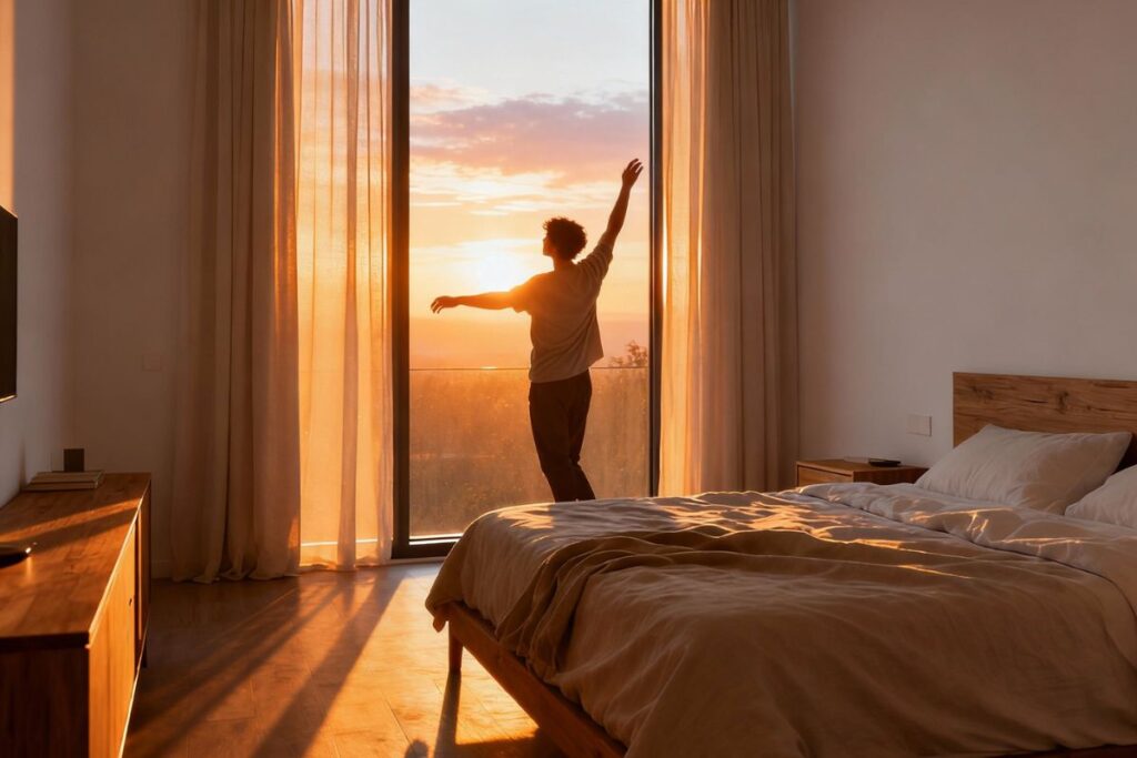 A person standing in front of a sunlit bedroom window with arms raised, soaking in the warm glow of sunrise—capturing a peaceful moment of morning motivation and mindful reflection to start the day with intention.
