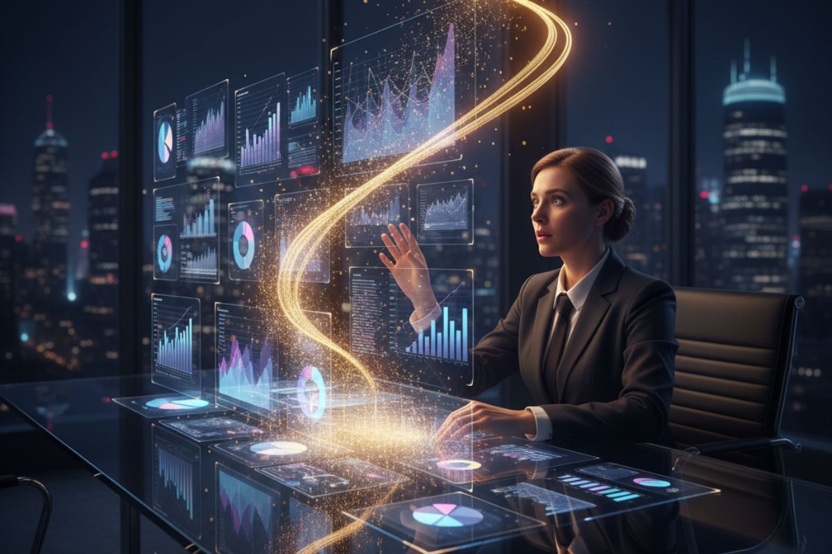 A person interacting with a holographic interface in a high-tech control room, manipulating glowing data streams—illustrating the hands-on capabilities and advanced analytics of enterprise AI software