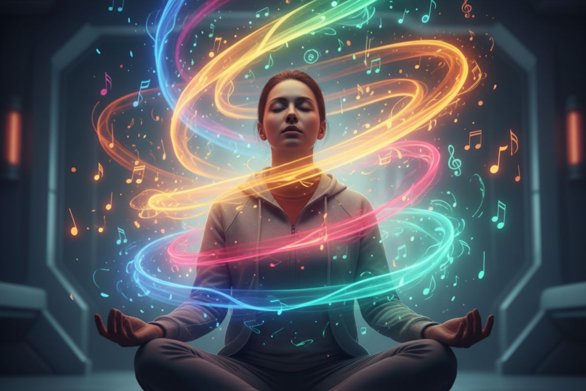 A person in a meditative pose enveloped by spiraling energy ribbons—evoking the calming, ambient possibilities of an AI sound generator used for mindfulness, wellness, and sonic serenity.