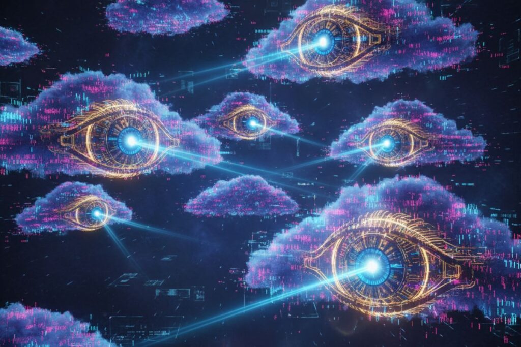 Multiple glowing eyes embedded in clouds with beams of light linking them—depicting the monitoring, observability, and predictive analytics features of cloud-based AI DevOps tools.