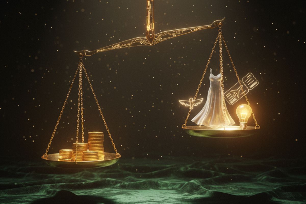 Symbolic image of financial balance, echoing budget-friendly luxury tips—how to weigh soulful living against material wealth with grace.