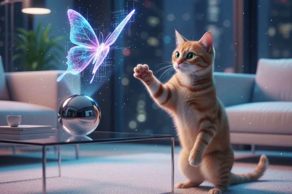Enchanting image in an ai tool roundup—nature meets digital wonder as a cat interacts with a holographic butterfly in a high-tech environment.