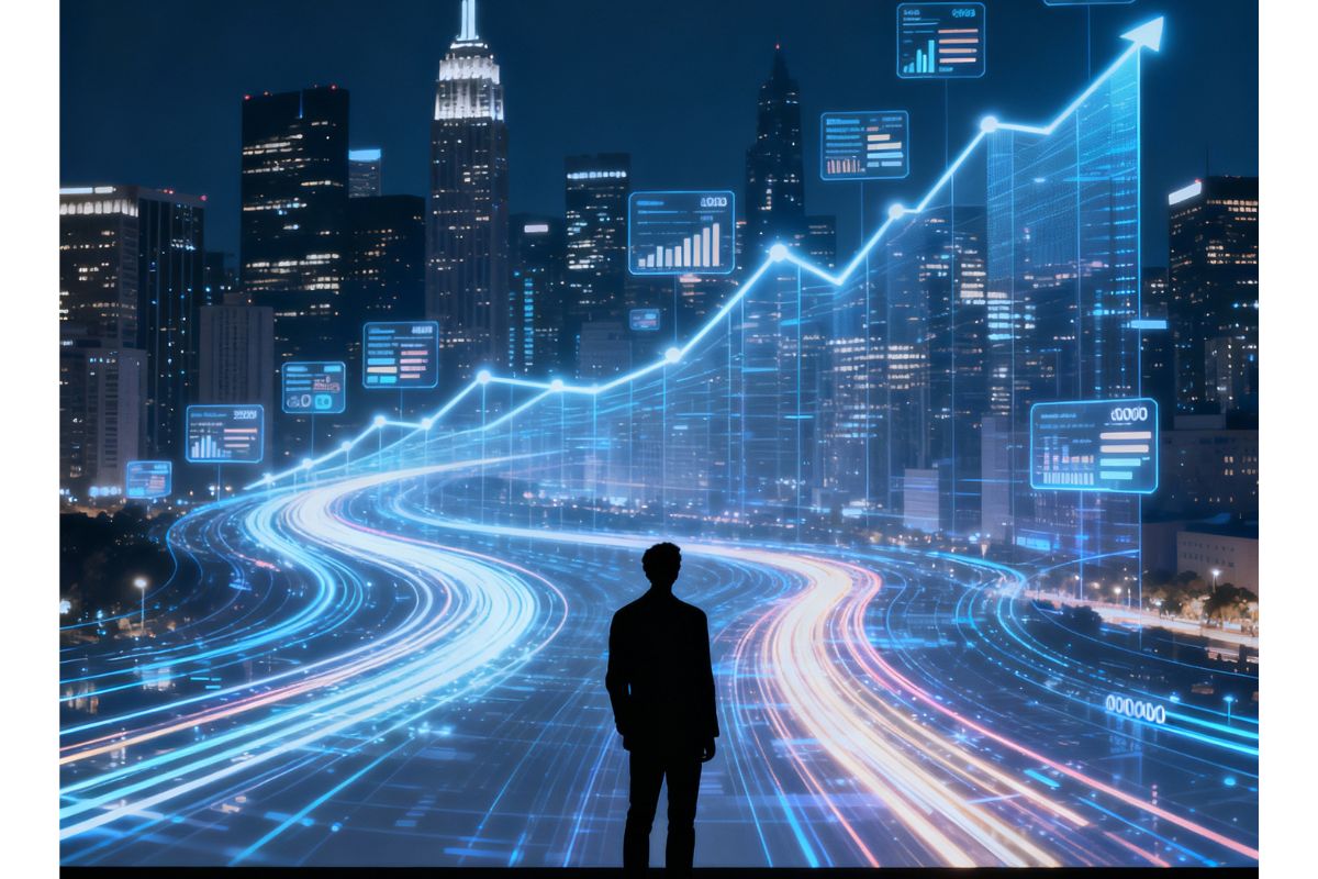 “A person stands before a glowing digital skyline with flowing data lines—evoking the connectivity and scalability of Salesforce AI Features in modern enterprise environments.”