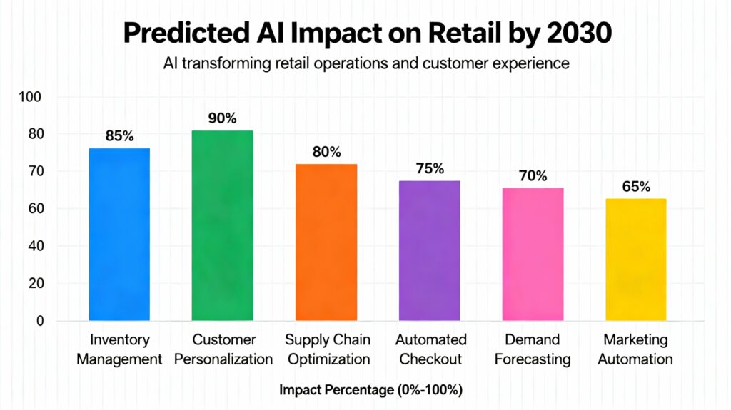 A bar chart titled “Predicted AI Impact on Retail” showing high percentages for customer personalization, supply chain optimization, and automated checkout—highlighting strategic areas the Walmart new CEO may prioritize in tech-driven retail transformation.