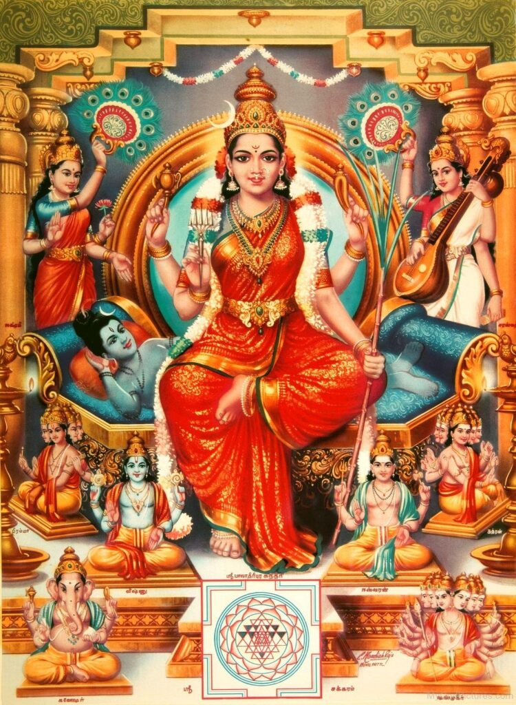 Sacred goddess surrounded by divine attendants and symbols—representing spiritual elevation through Lalita Sahasranama learning.