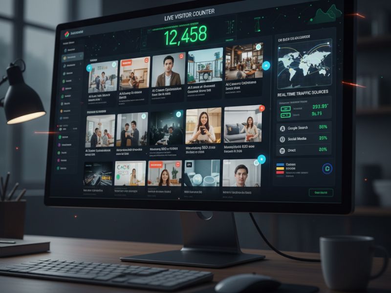Monitor displaying a video conferencing dashboard with global connectivity map, highlighting collaboration features in AI SEO tools