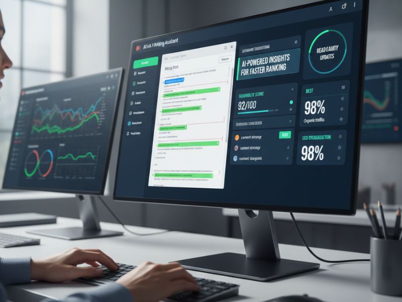 “Hands typing on a keyboard in front of a screen showing performance metrics, illustrating real-time insights from AI SEO tools.”