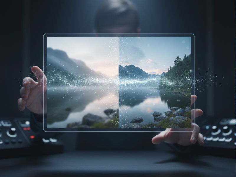 Futuristic transparent screen held by a person, displaying a split landscape image that illustrates photo restoration and AI-powered image enhancement.