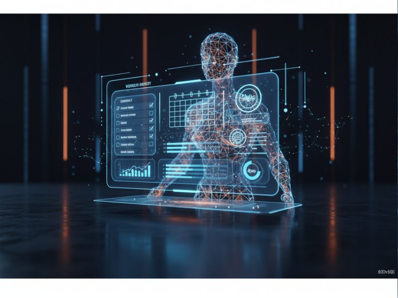 Futuristic illustration of a holographic human interacting with a transparent digital dashboard, symbolizing user-friendly AI Signature Platform interfaces for data visualization and smart contract management.