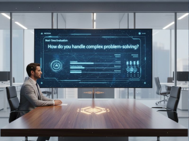 Interview scene with AI sales assistant displaying problem-solving question and performance charts