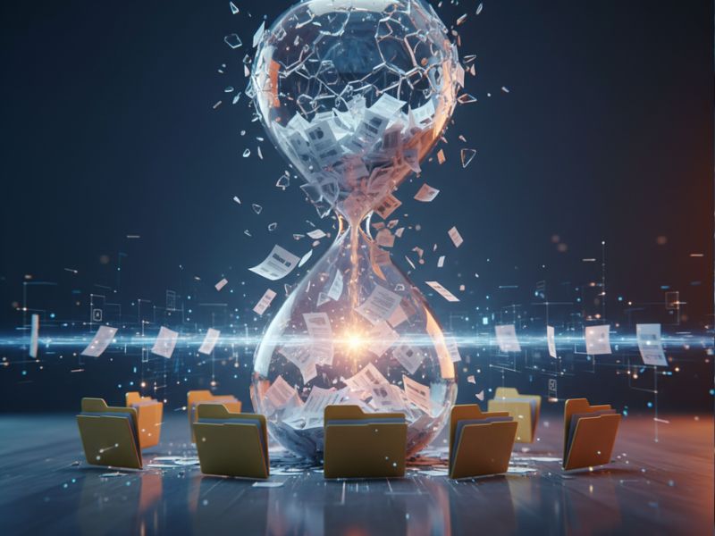 Surreal image of a glowing hourglass surrounded by conference chairs, with digital documents flowing through it—representing time-sensitive workflows and decision-making powered by an AI Signature Platform.