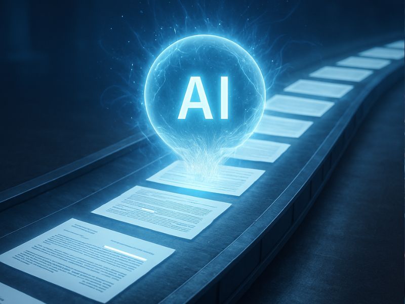 Cinematic visual of a glowing AI orb above a conveyor belt of digital documents, showcasing automated contract processing and intelligent document handling in an AI Signature Platform.