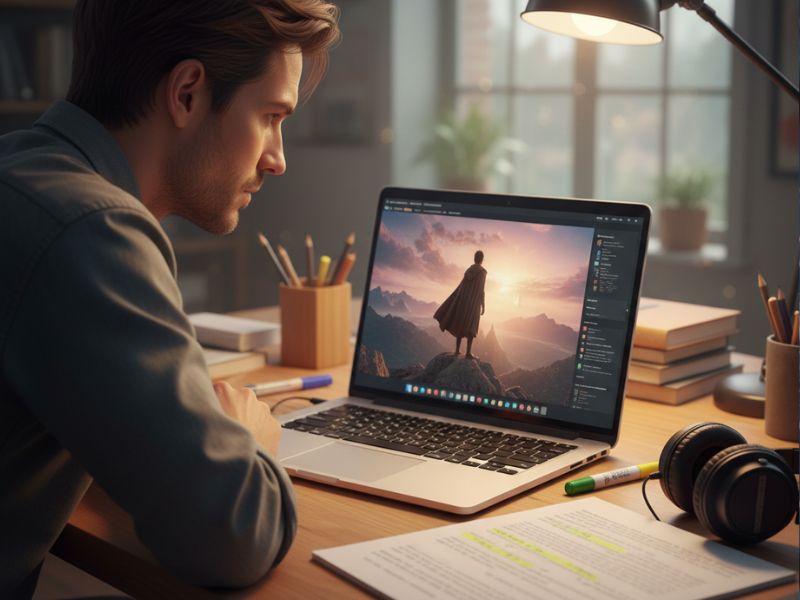Person working on a laptop with AI video creation software open, transforming cinematic desert footage; desk includes checklist and selected thumbnail.