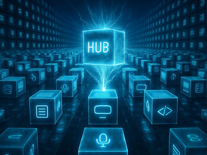 Digital illustration of a glowing central “HUB” connected to icons for documents, communication, and code—symbolizing a machine learning repository managing diverse AI capabilities.