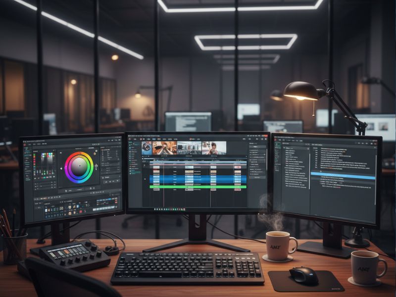 Professional video editing setup with multiple monitors showing timelines and color grading tools, highlighting advanced AI video creation workflow.