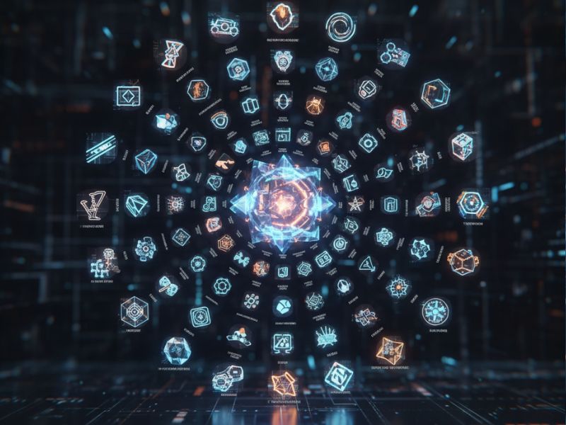 Futuristic sphere of interconnected icons radiating from a central node, representing a decentralized machine learning repository for open AI collaboration and model sharing.