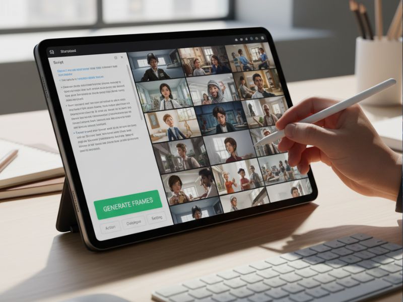 Tablet displaying a video conferencing grid, with a hand interacting; setup supports remote collaboration in AI video creation projects.
