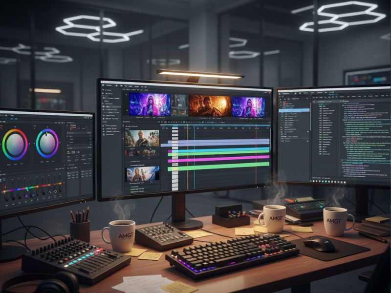 Modern workstation with multiple monitors showing video editing software, representing multimedia workflows powered by AI business insights.
