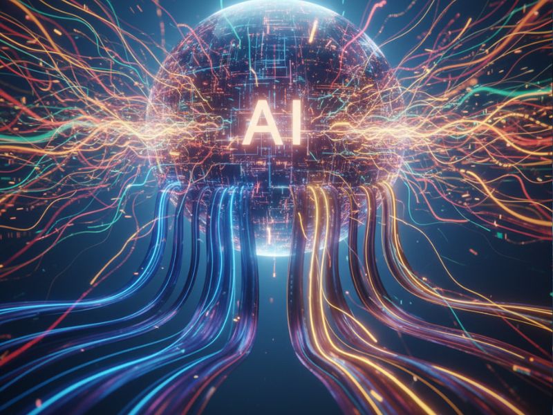 Stylized human head formed by multicolored neural pathways converging into a central “AI” node, symbolizing cognitive intelligence powering AI customer service.