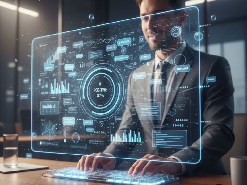 Person interacting with a transparent digital interface displaying charts and data visualizations, showcasing futuristic control systems and AI business insights.