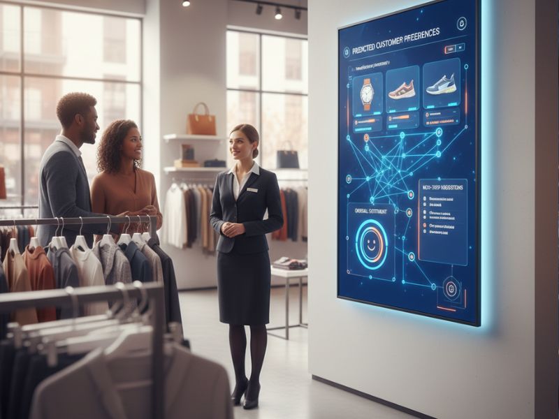 Retail presentation with a large digital screen showing graphics and data, illustrating real-time decision-making driven by AI business insights.