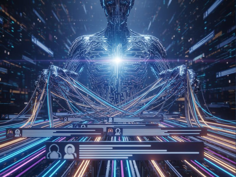 Futuristic humanoid figure with a glowing core and surrounding data streams, visualizing the analytical power behind AI customer service platforms.