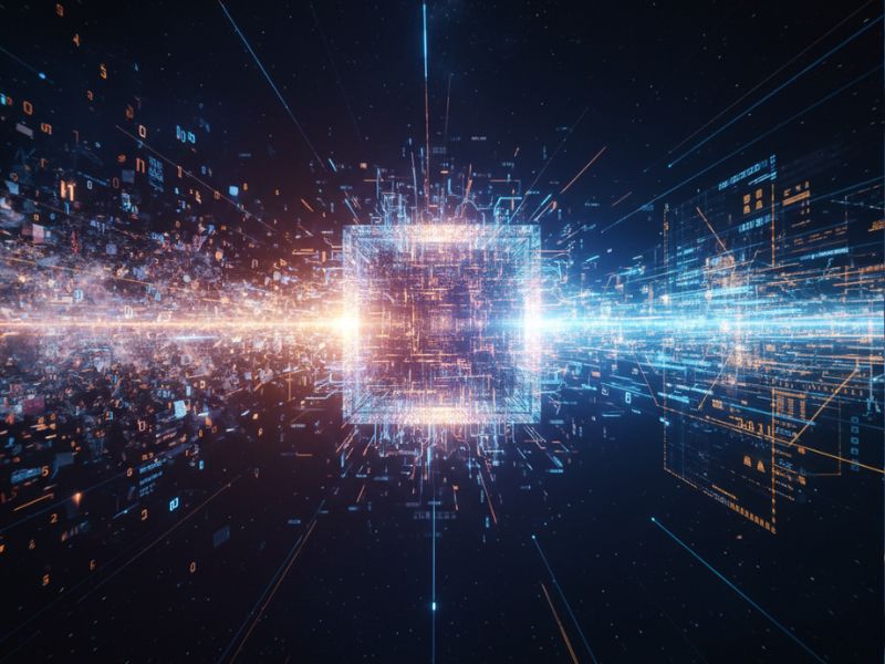 Alt Text: A cinematic, surreal depiction of a glowing neural network sphere (AI construct) decoding swirling, unstructured data into clean geometric patterns, symbolizing instant and independent data understanding. Ideal visual for an Impira AI review.