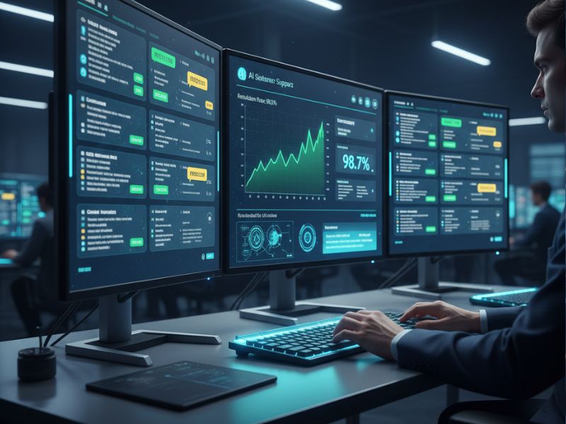 Professional setup with multiple monitors displaying complex data visualizations, representing backend analytics powered by AI for customer care in finance or cybersecurity.