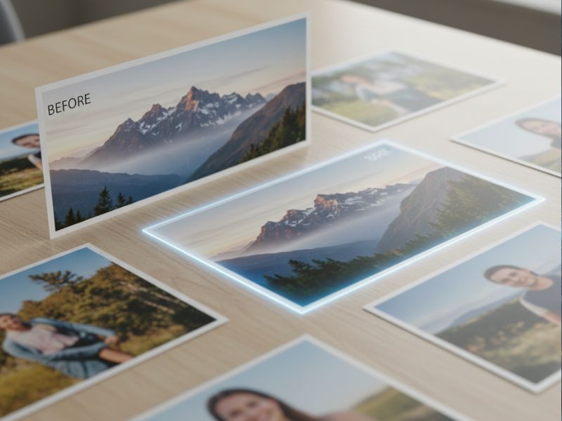 Multiple landscape photos laid out with one highlighted, representing photo restoration and selection in a modern image editing workflow.