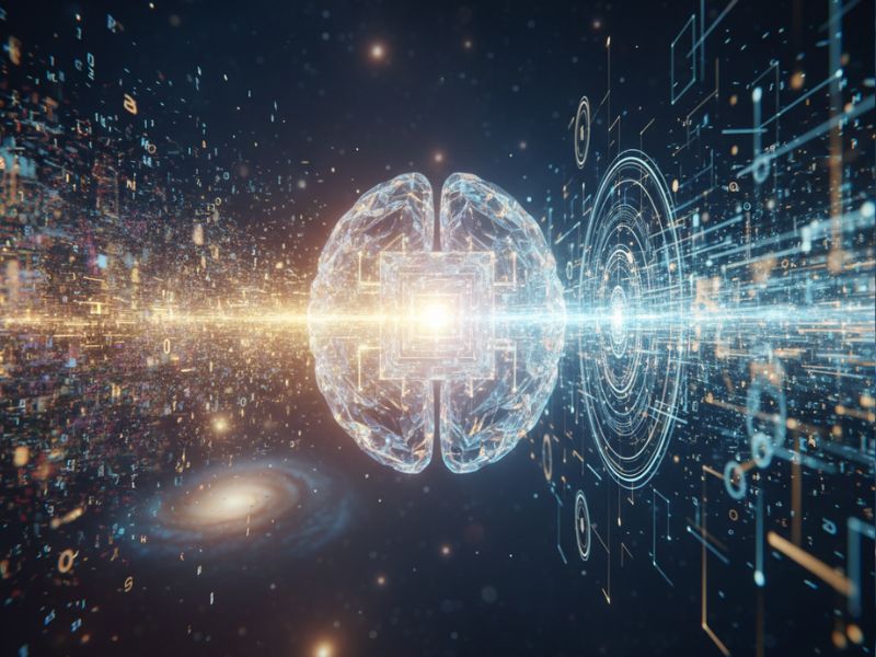 Alt Text: A cinematic, surreal depiction of a glowing neural network sphere (AI construct) decoding swirling, unstructured data into clean geometric patterns, symbolizing instant and independent data understanding. Ideal visual for an Impira AI review.