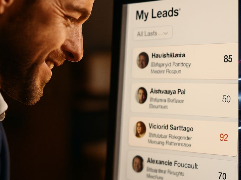 Close-up of a smiling salesperson viewing a “My Leads” screen with profiles scored by Infer AI lead gen, highlighting top prospects for smarter outreach.