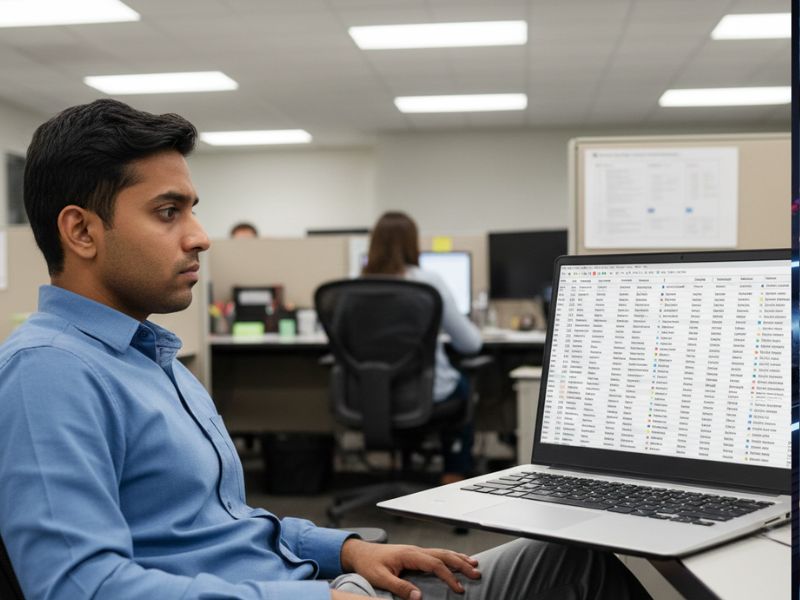 Professional in a blue shirt working on a laptop, analyzing sales data likely enhanced by Infer AI lead gen insights for lead prioritization.