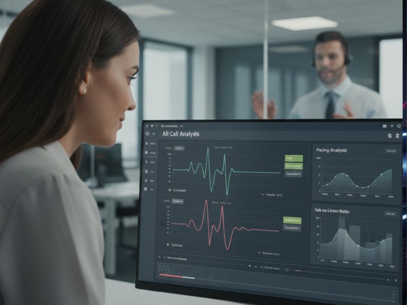 Woman analyzing system metrics and line graphs on a monitor, representing real-time insights in an Invoca AI review context.