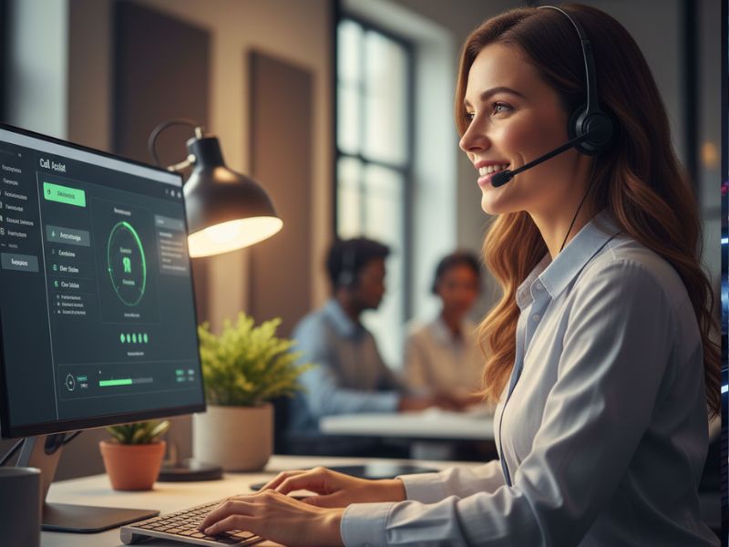 Customer support agent wearing a headset, working with performance dashboards—ideal for showcasing Invoca AI review use cases in call intelligence.