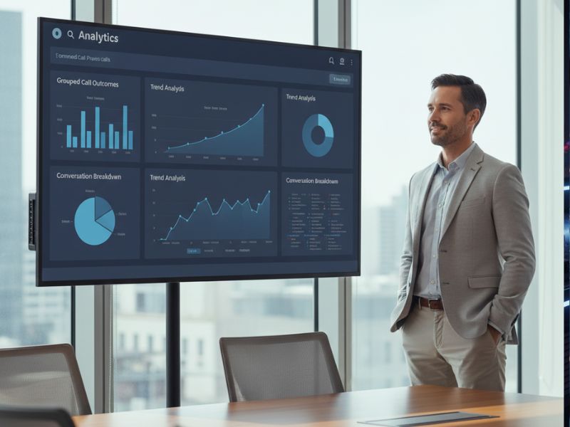 Professional presenting bar graphs and pie charts labeled “Analytics,” symbolizing data-driven decision-making in an Invoca AI review scenario.