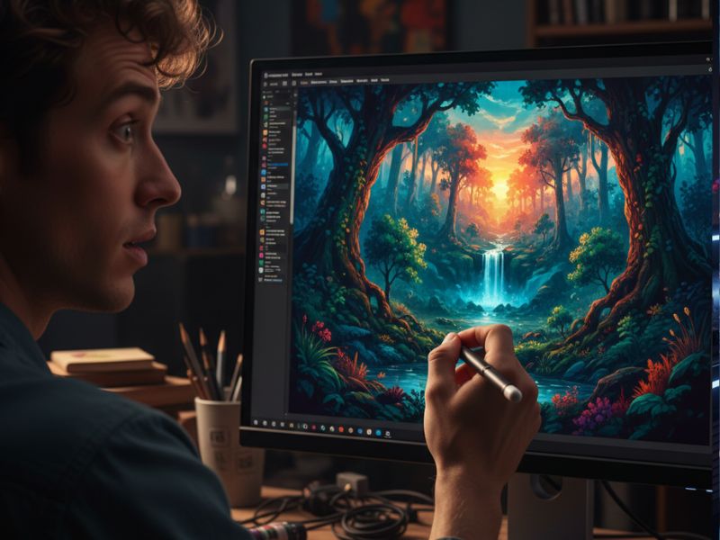 Artist using a stylus to refine a vibrant digital forest scene created with an AI art generator, featuring swirling light effects and fantastical colors.