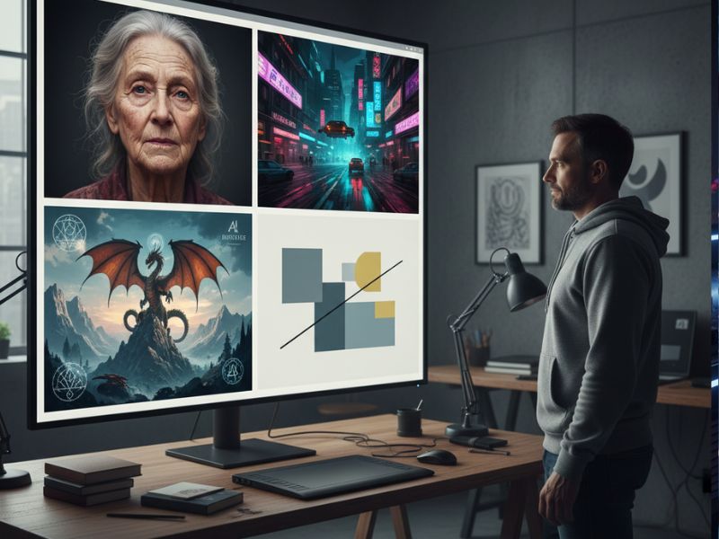 Two creatives examining a large screen displaying portraits, fantasy creatures, and geometric designs—outputs from an advanced AI art generator.