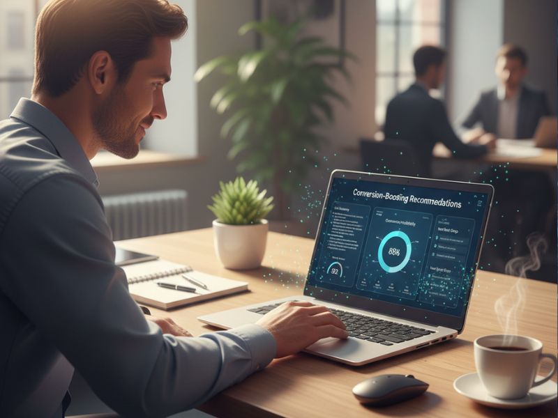 Side-by-side visuals of a professional using a laptop and a futuristic transparent screen, both displaying analytics dashboards. Highlights the evolution of workplace tech and the role of an AI sales assistant in analyzing strategy and customer data.
