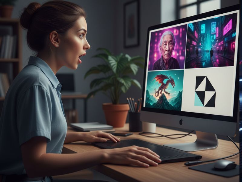 Woman reacting with amazement to colorful fantasy visuals on dual monitors, showcasing the expressive range of an AI art generator.