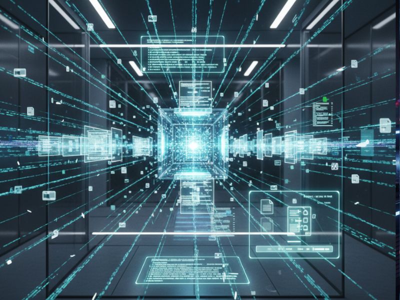 Futuristic data network visualized through glowing blue nodes and digital streams using Jina platform