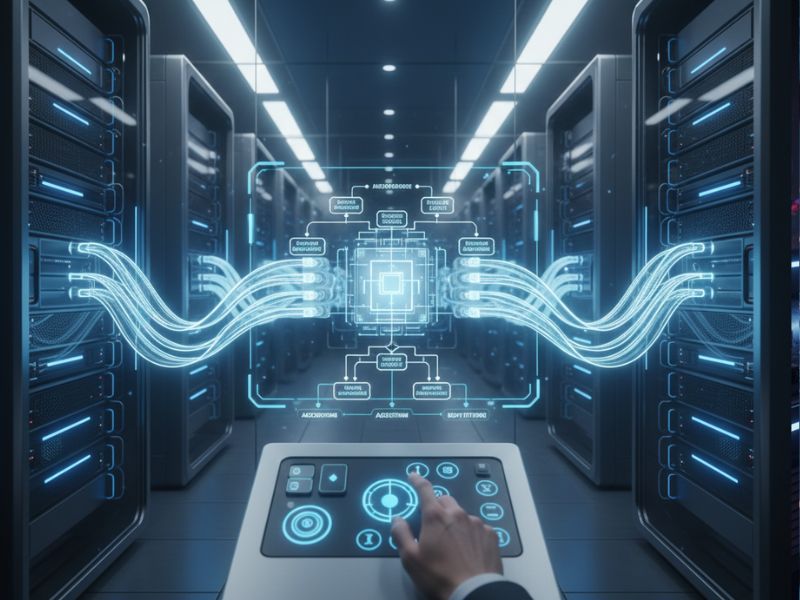 Technologist operating touchscreen interface in server room with Jina platform data streams