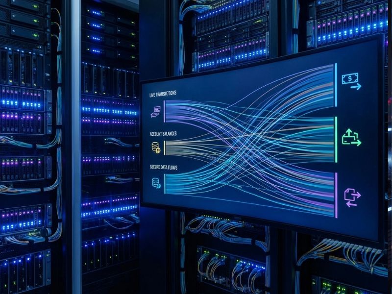 AI for banks: secure server room with real-time data visualization and network traffic monitoring interface"