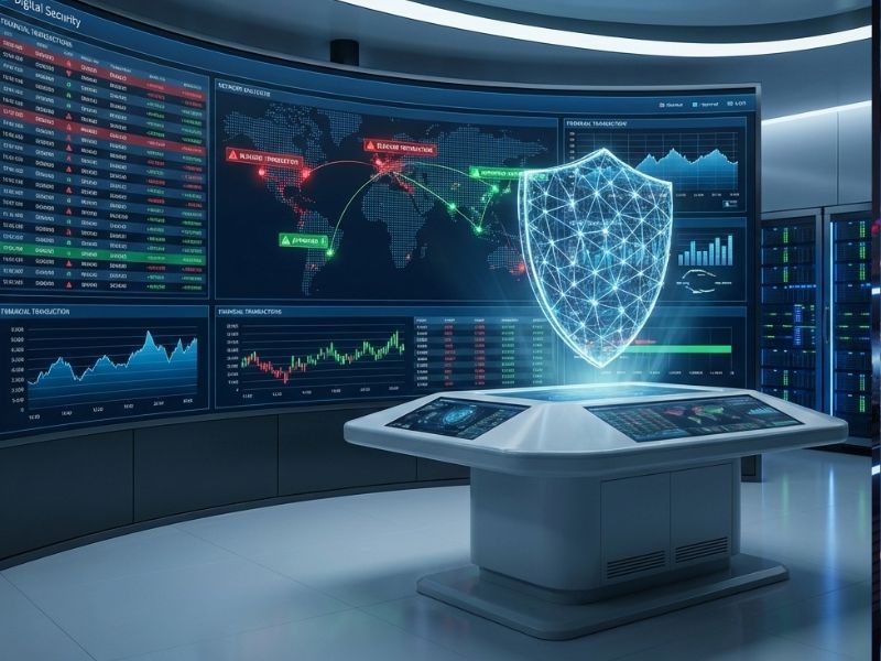"AI for banks: advanced cybersecurity control center with global threat maps and shield icon for fraud detection"